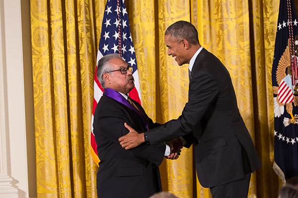 Luis Valdez receives the National Medal of the Arts from President Barack Obama.