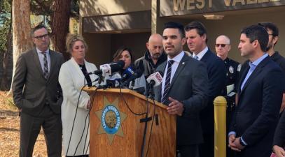 Matt Hernandez ’16 speaks at a press conference in Los Angeles. Hernandez studied sociology at Whittier College and now works as the government affairs director for the Los Angeles City Fire Department. | Courtesy Matt Hernandez
