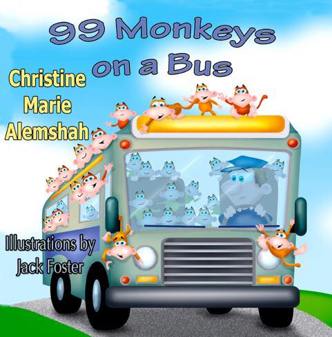 book cover: 99 Monkeys on a Bus; illustration of monkeys riding inside and on top of a bus