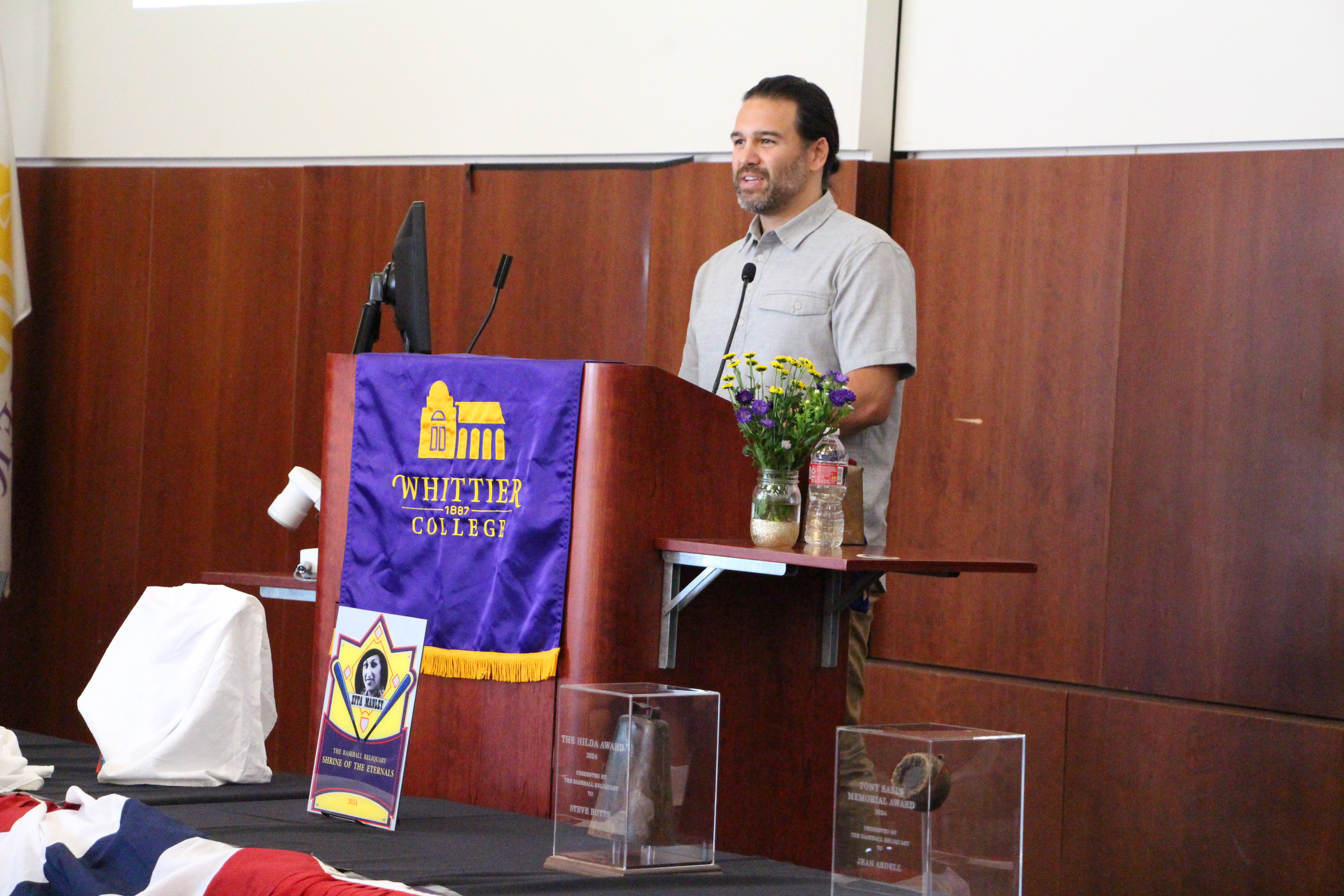 Shane Barclay of Japanball introduces Kim Ng’s portion of the Shrine of Eternals induction ceremony Sunday, Aug. 4, at Whittier College. | Courtesy Whittier College