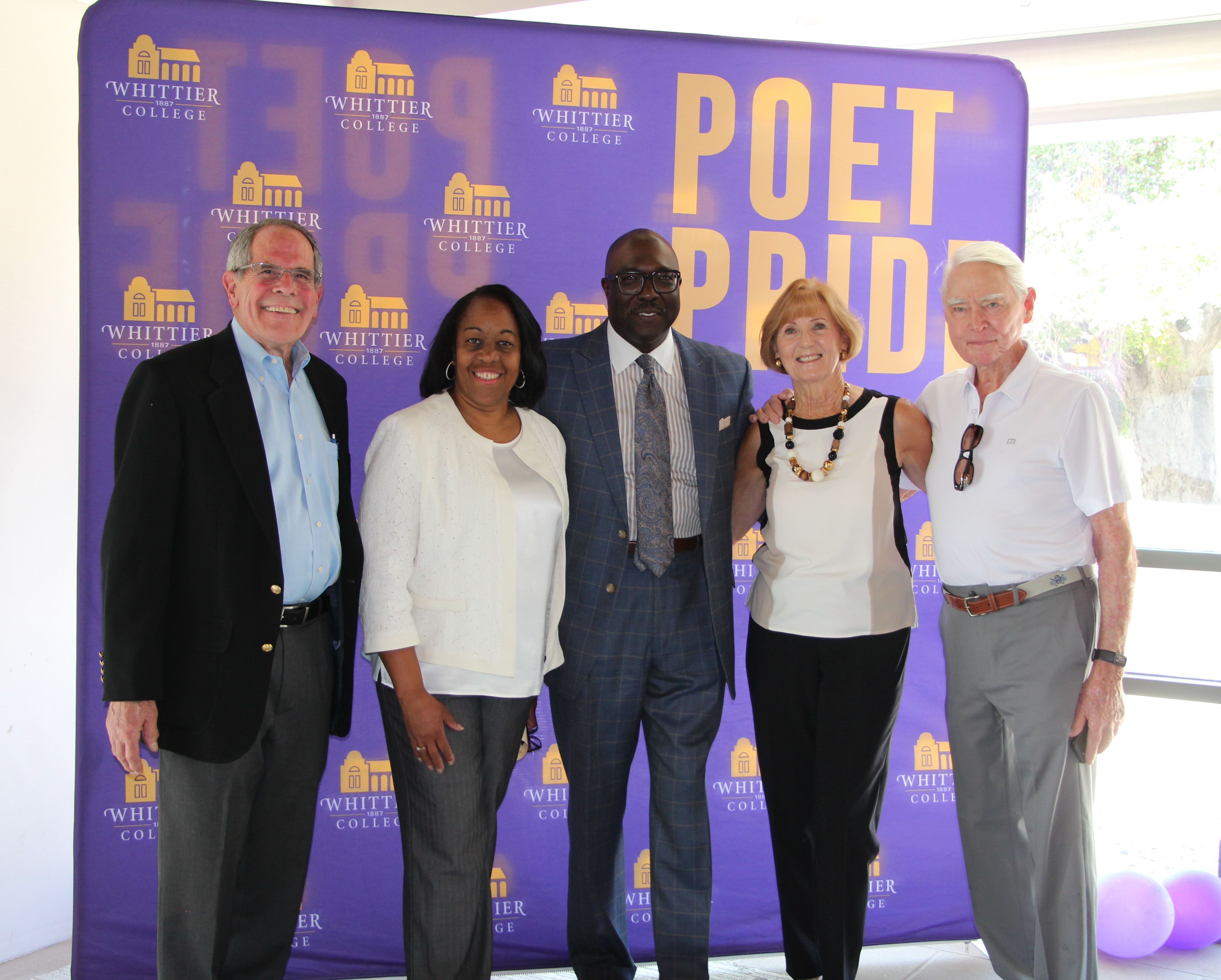 Professor Joe Price, Kathy Robinson Young (niece of Jackie Robinson), Bob Kendrick (President, Negro Leagues Baseball Museum), Sheryl Claire, and Fred Claire (former general manager for the Los Angeles Dodgers) pose for a photo the of the Shrine of Eternals induction ceremony Sunday, Aug. 4, at Whittier College. | Courtesy Whittier College