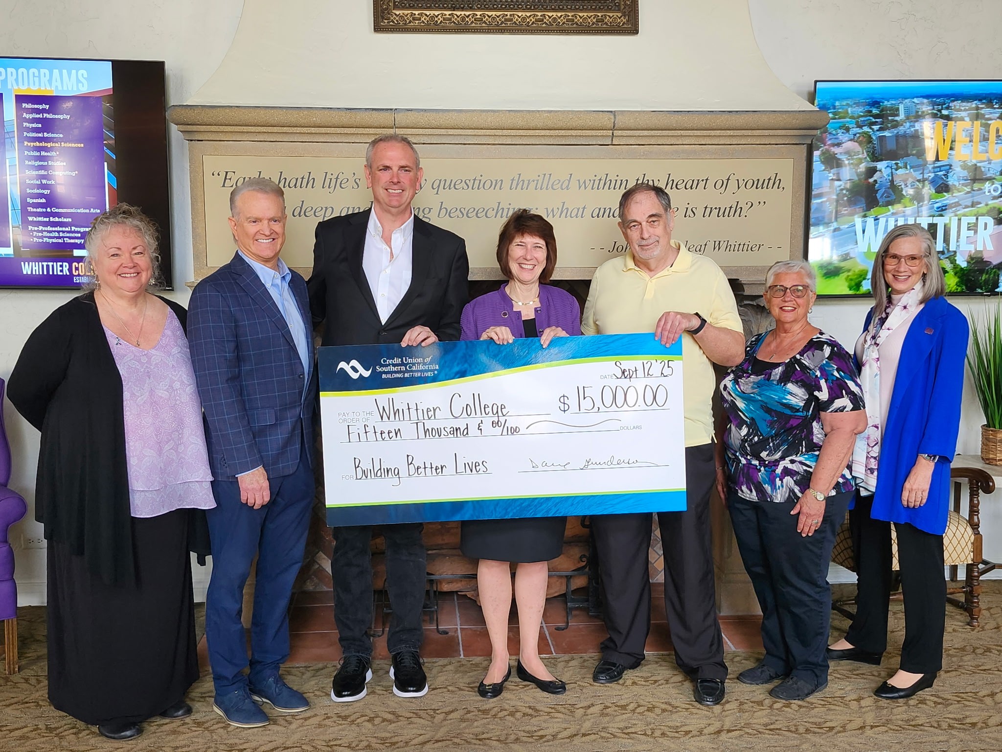 Whittier College recently received a generous gift from the Credit Union of Southern California, reinforcing a shared commitment to student success and well-being.