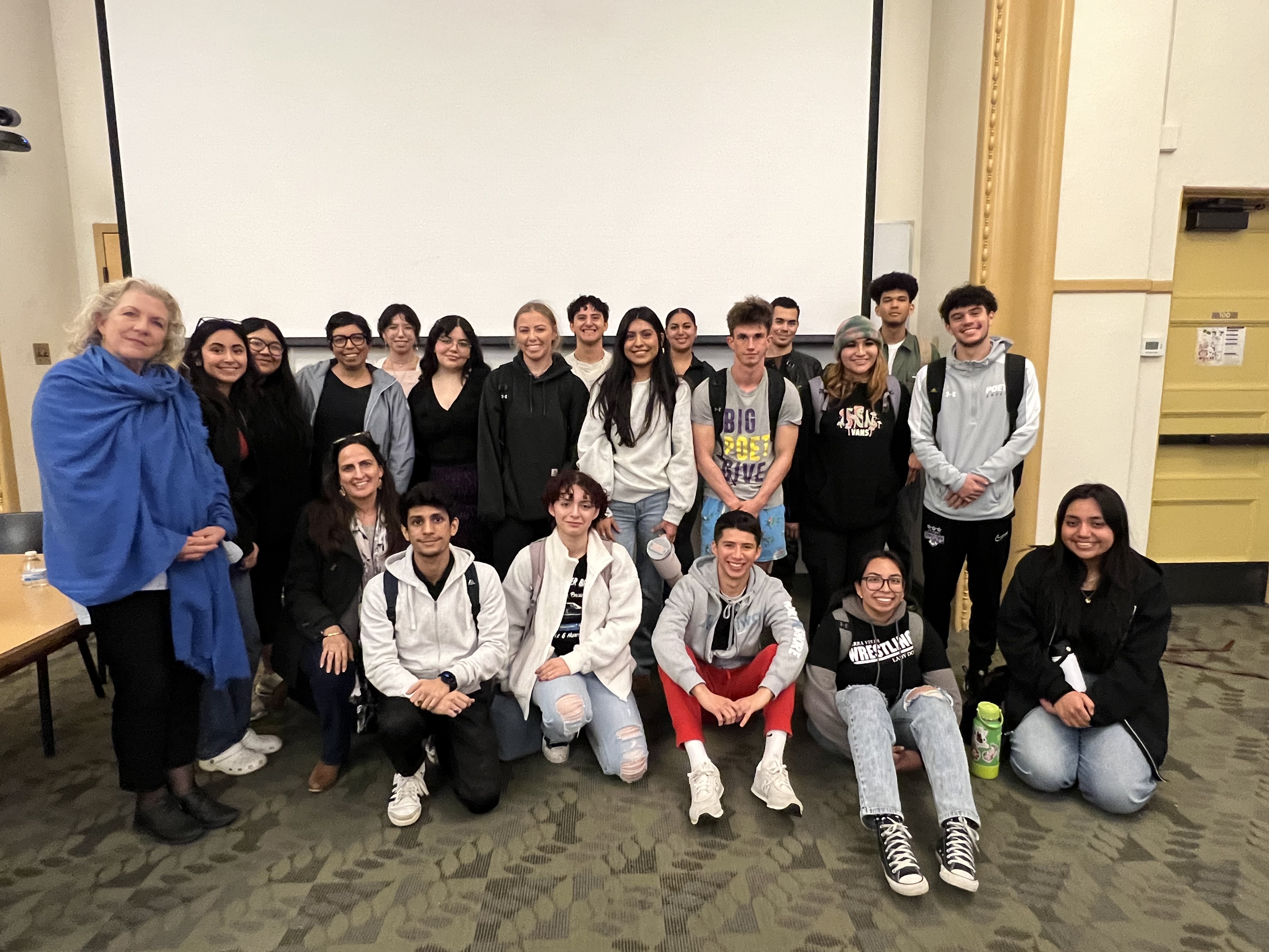 Author Jennifer Clement, left, stands with Whittier College Spanish Professor Doreen O'Connor-Gómez’s transnational cinema class after a discussion of Prayers for the Stolen. Written by Clement, the novel was adapted by Tatiana Huezo.