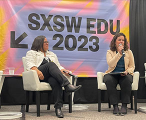 SXSW banner on stage with Linda Oubré and Lucy Swedberg 