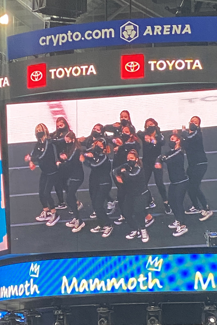 Whittier College Dance Team on jumbotron at Kings Hokey game