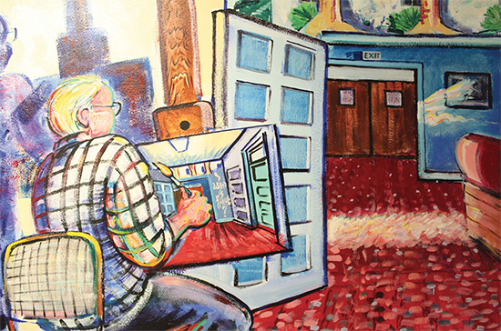 A painting of a man painting in a hallway.
