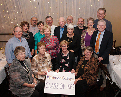 Members of the Whittier College Class of 1962 in a group photo.