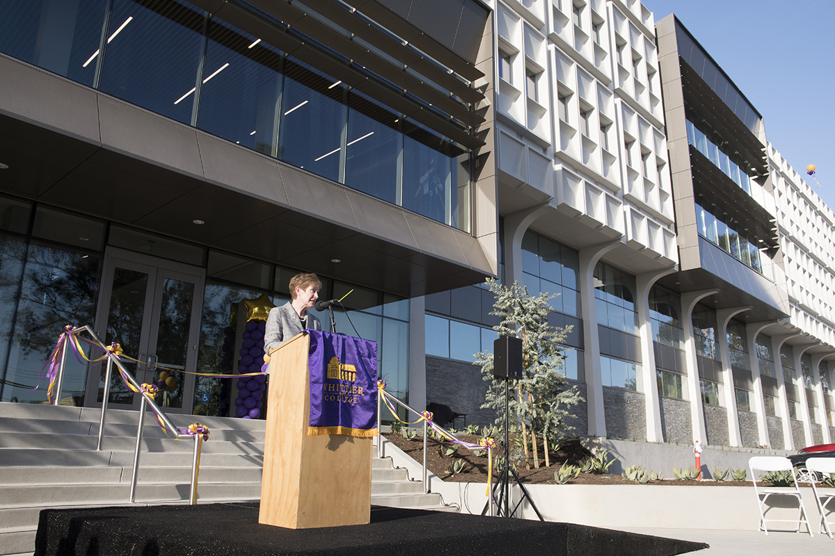 Whittier College President Sharon Herszberger addresses the audience at the grand opening of the newly renovated Science & Learning Center.