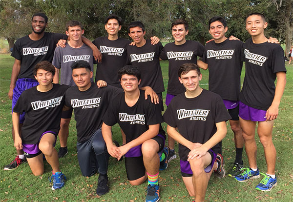 Men's cross country team poses for a group photo at Prado Regional Park.