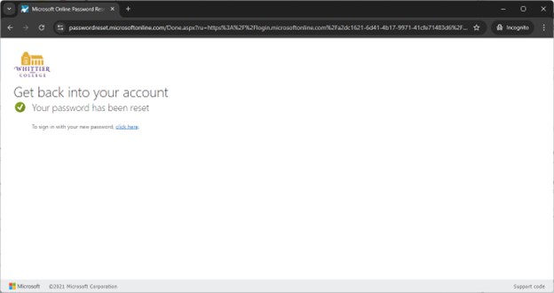 Password Reset Confirmation Screen
