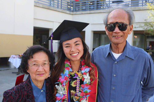 A student in a graduation cap and gown stands with her parents
