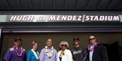 Group standing under sign