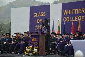 Commencement student speaker Kourtney Brodnax addresses graduates at the podium