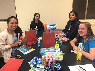 Students working on care packages.
