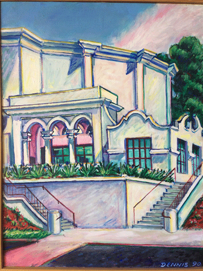 An oil painting of the Ruth B. Shannon Center for the Performing Arts