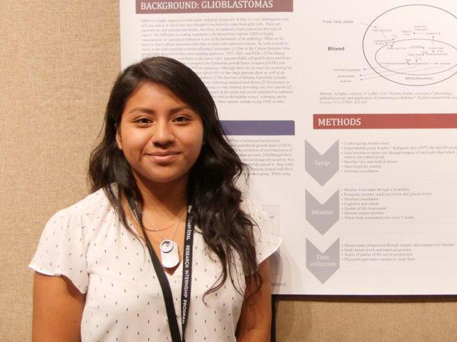 Biochemistry major Jaqueline Yutan stands in front of a scientific poster.