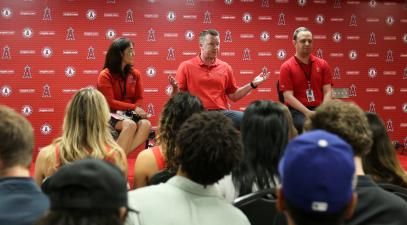 Whittier College students visit Angel Stadium for a baseball game April 6, 2025, as part of the Sports Business, Leadership, and Communication class.