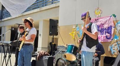 Presented by KPOET Radio, a live band plays at Whittier College’s Campus Courtyard.