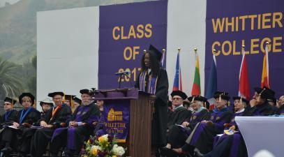 Commencement student speaker Kourtney Brodnax addresses graduates at the podium