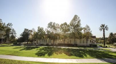 A photo of Diehl hall with the sun high above and the green grass below