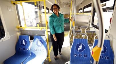 Stephanie Wiggins '92 on a bus