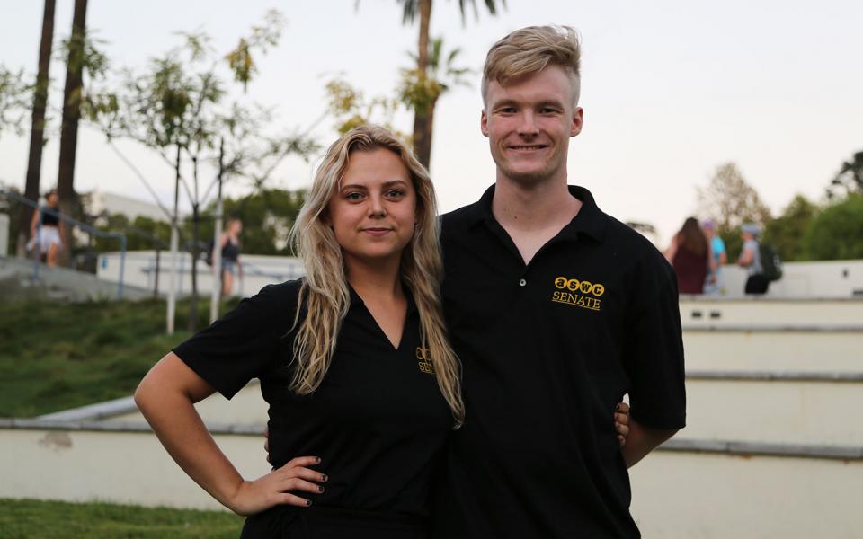Aubrey Bang-Guerin and Sean Sternberg pose for a photograph at campus center.
