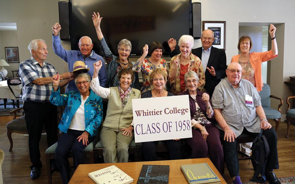 A large group of alumni from the Whittier Colege class of 1958.