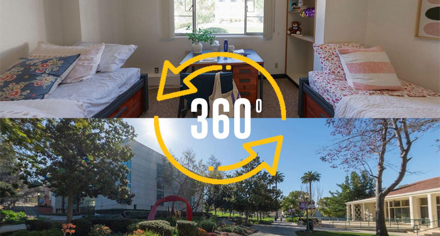 360 icon over dorm room and lower campus
