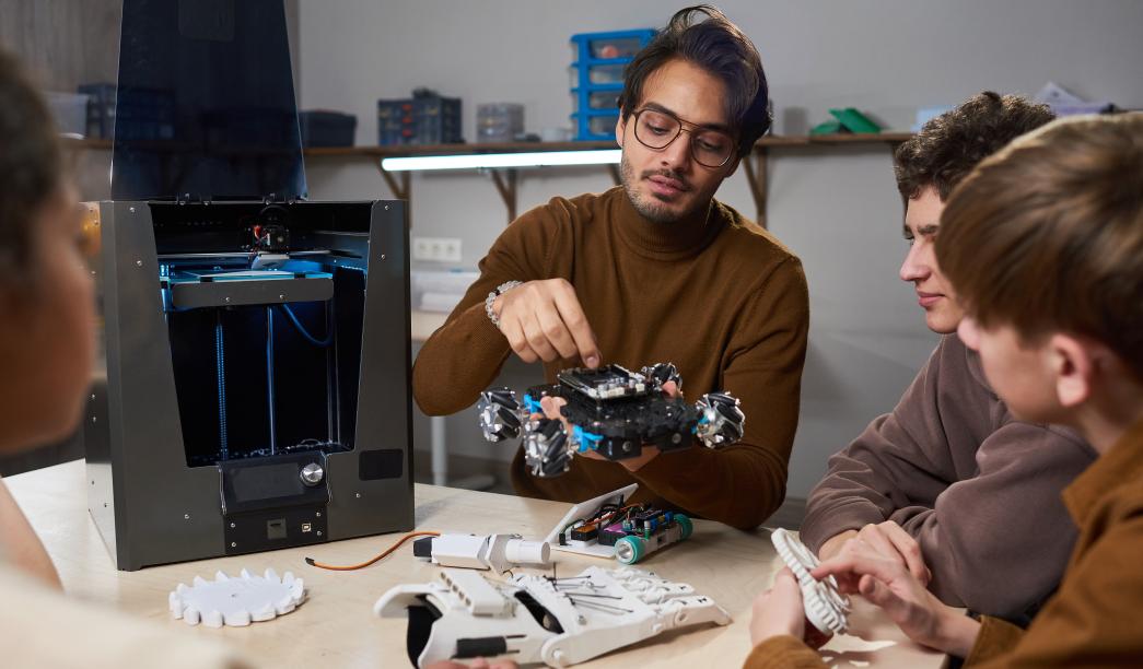 teacher building a robotic machine with students