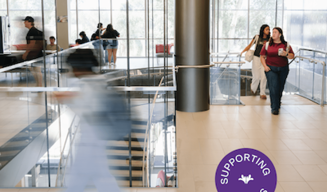 Graphic showing students walking on campus